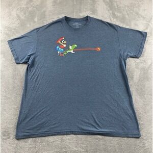Super Mario World Mens 2XL Blue Heather Yoshi Pixel Art Graphic‎ T-Shirt Retro